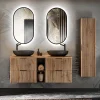 Ensemble Meuble De Salle De Bains|Petits-Meubles Ensemble meuble double vasque 140cm 2 niches miroirs LED et colonne Gaia Bois et Noir - Vasque Noir