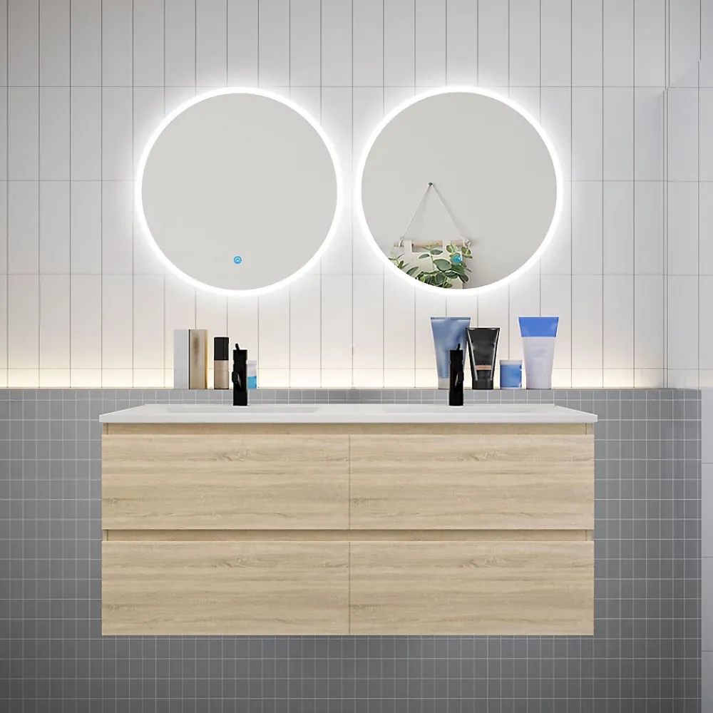AICA Sanitaire Ensemble meuble double vasque L.120cm 4 tiroirs + lavabo + 2 LED miroirs rond 60cm,chêne