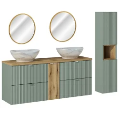 Ensemble Meuble De Salle De Bains|Petits-Meubles Ensemble meuble double vasque 140cm 4 tiroirs miroirs LED et colonne Jade Vert et Bois