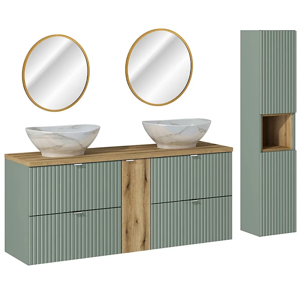 Ensemble Meuble De Salle De Bains|Petits-Meubles Ensemble meuble double vasque 140cm 4 tiroirs miroirs LED et colonne Jade Vert et Bois