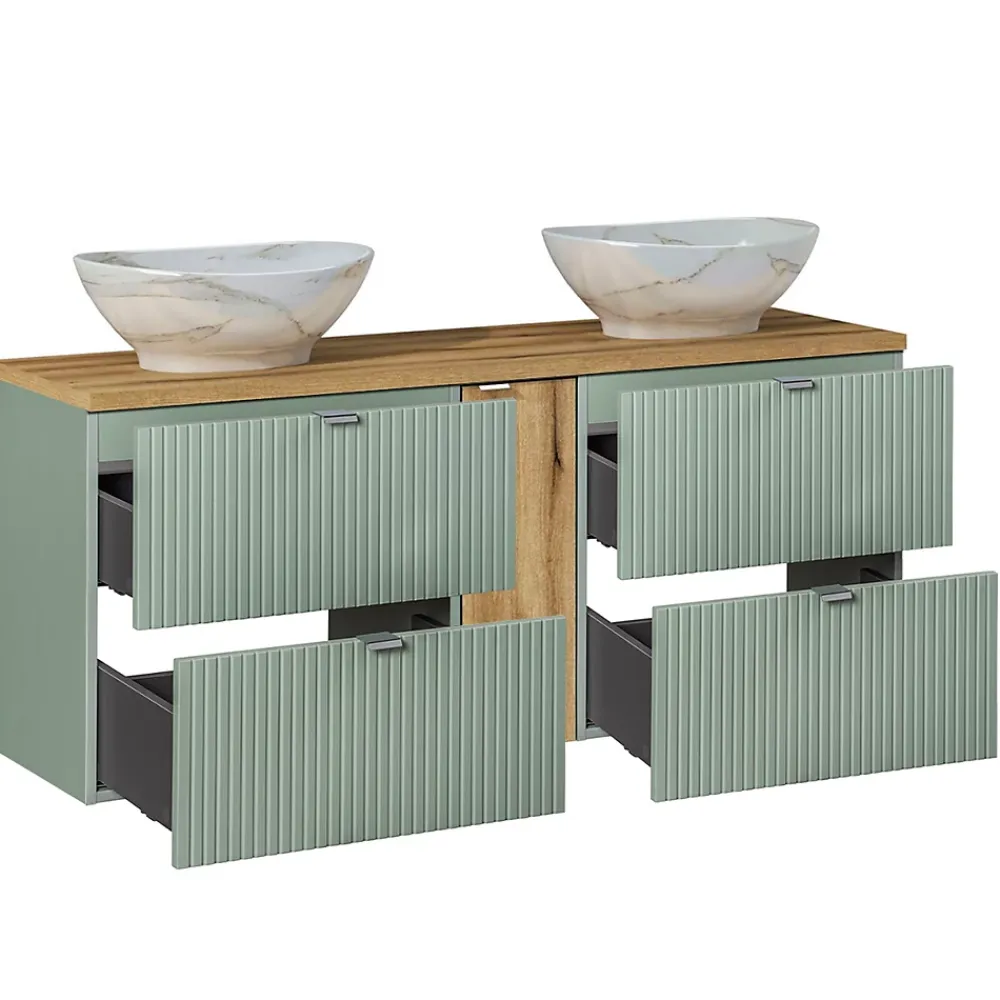 Ensemble Meuble De Salle De Bains|Petits-Meubles Ensemble meuble double vasque 140cm 4 tiroirs miroirs LED et colonne Jade Vert et Bois