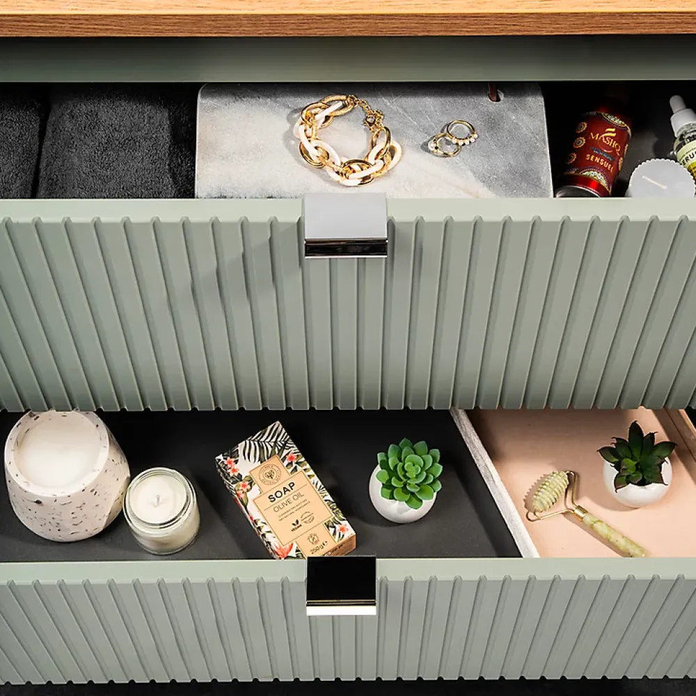 Ensemble Meuble De Salle De Bains|Petits-Meubles Ensemble meuble double vasque 140cm 4 tiroirs miroirs LED et colonne Jade Vert et Bois
