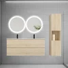 Ensemble Meuble De Salle De Bains|AICA Sanitaire Ensemble meuble double vasque L.120cm 4 tiroirs + lavabo + 2 LED miroirs rond 60cm + colonne C,chêne.easy