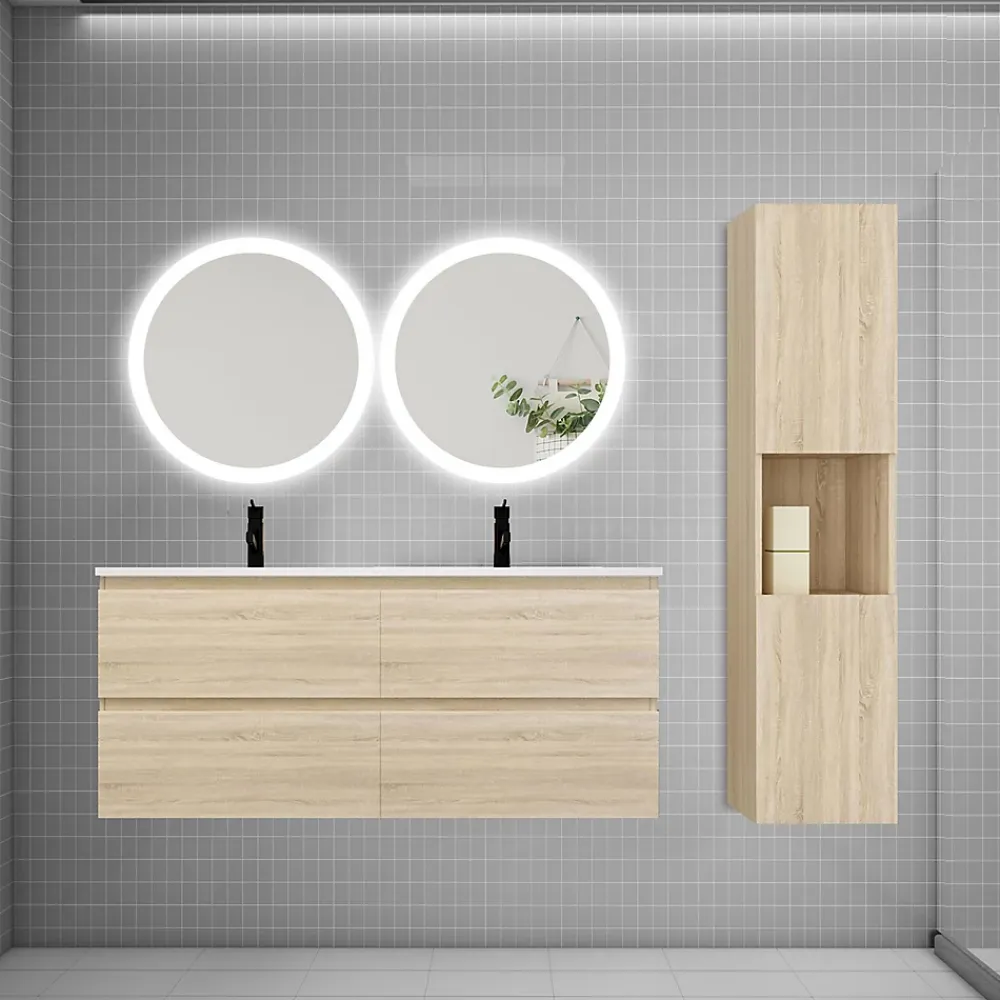 Ensemble Meuble De Salle De Bains|AICA Sanitaire Ensemble meuble double vasque L.120cm 4 tiroirs + lavabo + 2 LED miroirs rond 60cm + colonne C,chêne.easy