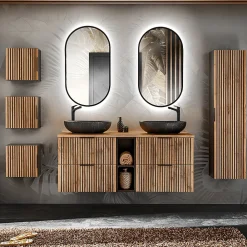 Petits-Meubles Ensemble meuble double vasque 140cm 2 niches miroirs LED colonne et 3 armoires murales Gaia Bois et Noir - Vasque Noir