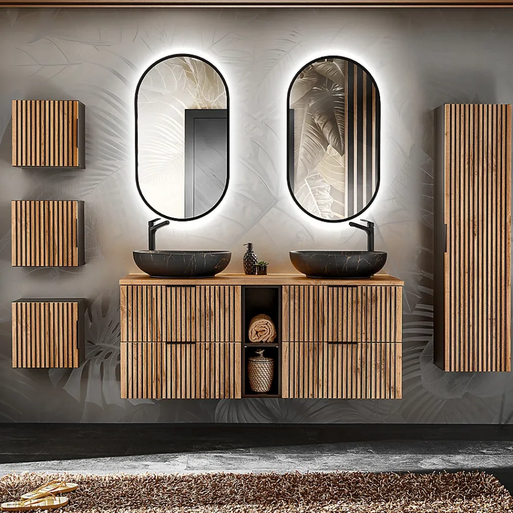 Petits-Meubles Ensemble meuble double vasque 140cm 2 niches miroirs LED colonne et 3 armoires murales Gaia Bois et Noir - Vasque Noir