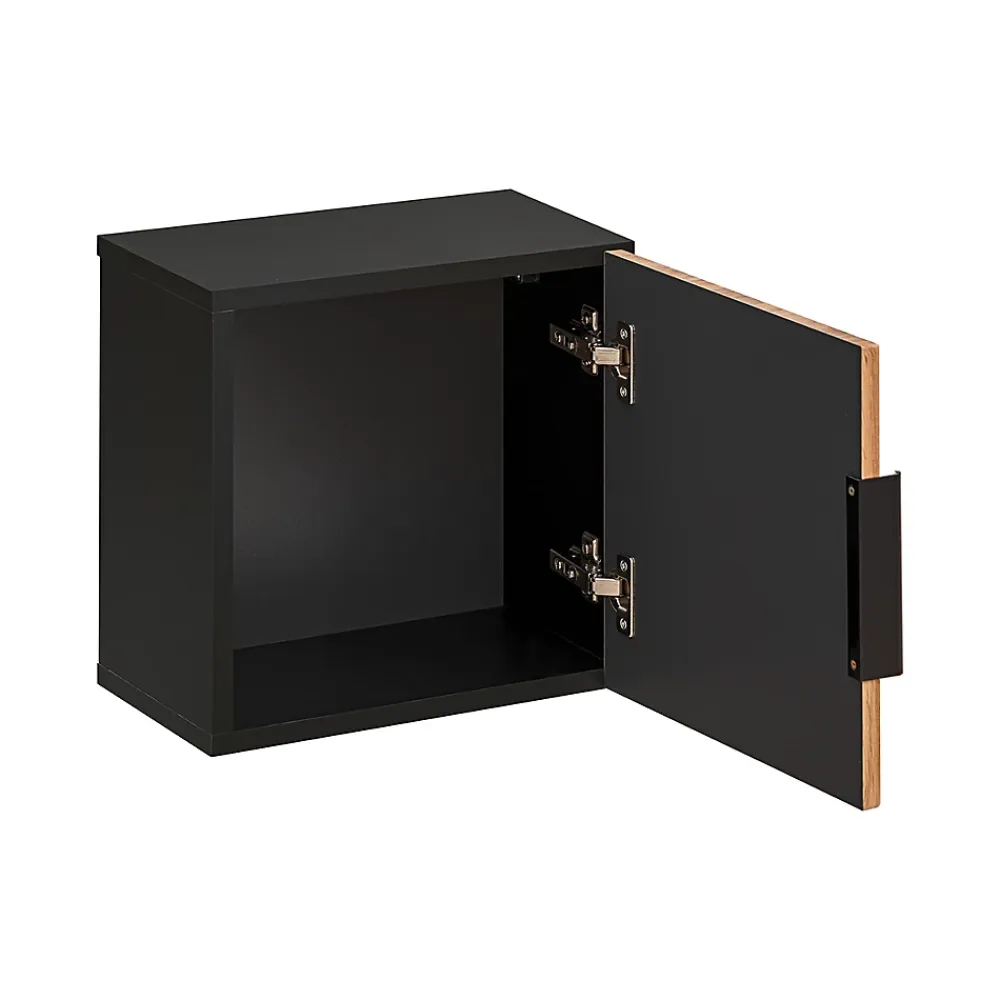 Petits-Meubles Ensemble meuble double vasque 140cm 2 niches miroirs LED colonne et 3 armoires murales Gaia Bois et Noir - Vasque Noir