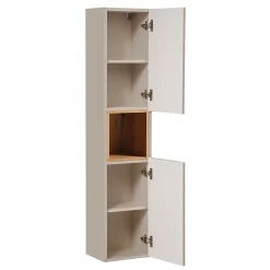 Petits-Meubles Ensemble meuble double vasque 160cm 4 tiroirs panier à linge et colonne Manoa Cachemire et Bois