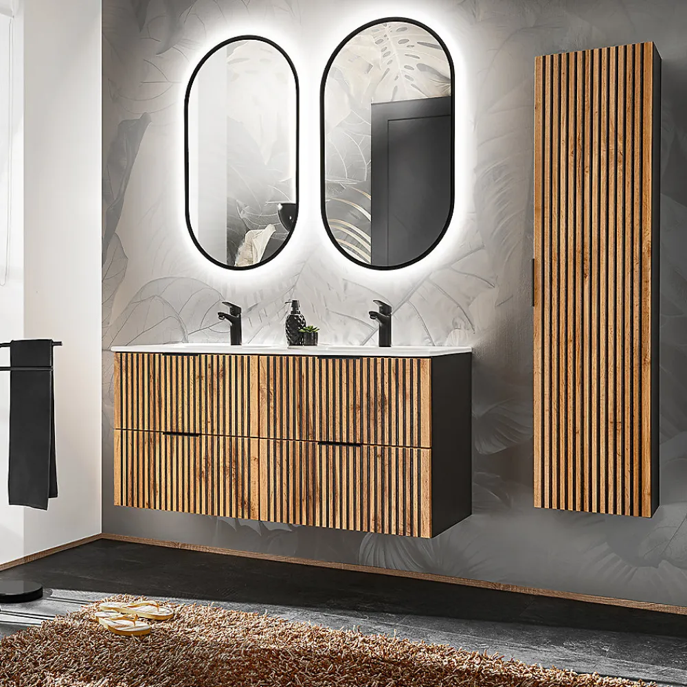 Ensemble Meuble De Salle De Bains|Petits-Meubles Ensemble meuble double vasque encastree 120cm et colonne Gaia Bois