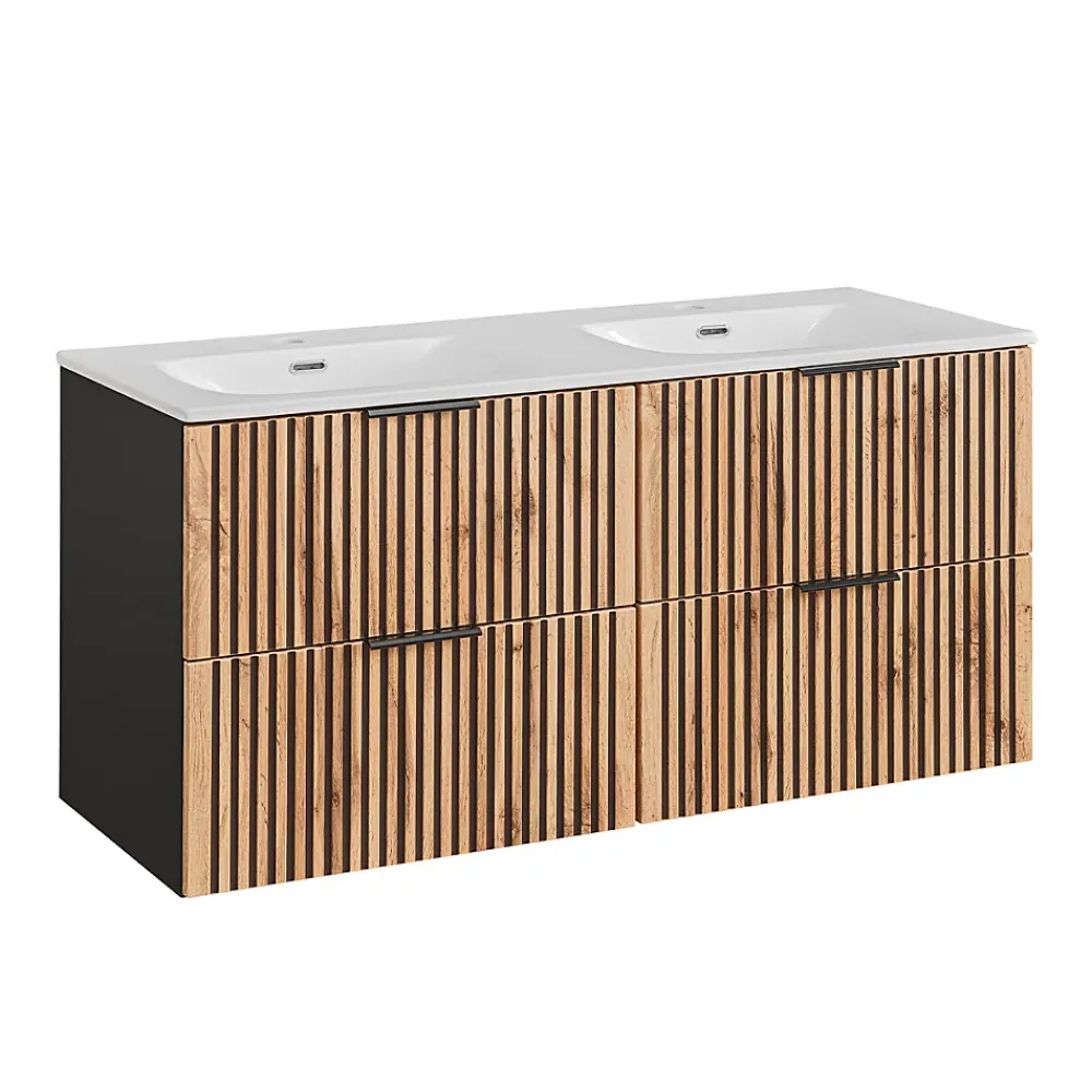 Ensemble Meuble De Salle De Bains|Petits-Meubles Ensemble meuble double vasque encastree 120cm et colonne Gaia Bois
