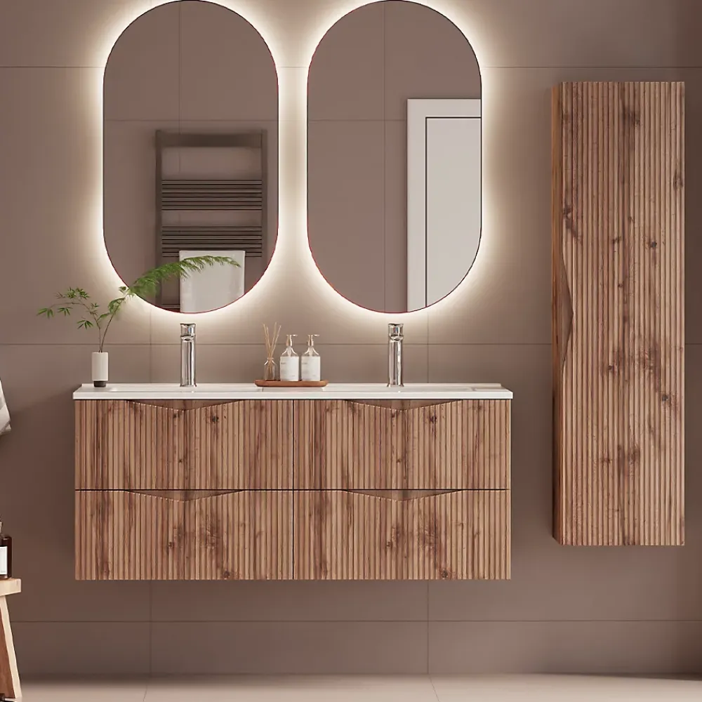Ensemble Meuble De Salle De Bains|Petits-Meubles Ensemble meuble double vasque encastree 120cm et colonne Tao Bois