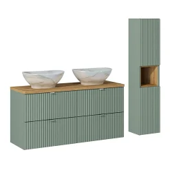 Petits-Meubles Ensemble meuble double vasque 120cm 4 tiroirs et colonne Jade Vert et Bois