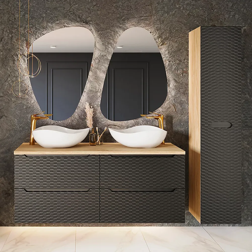 Ensemble Meuble De Salle De Bains|Petits-Meubles Ensemble meuble double vasque 120cm 4 tiroirs et colonne Elora Noir et bois Cloud