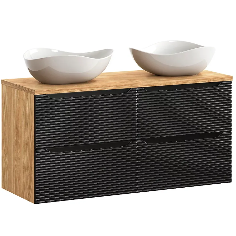 Ensemble Meuble De Salle De Bains|Petits-Meubles Ensemble meuble double vasque 120cm 4 tiroirs et colonne Elora Noir et bois Cloud