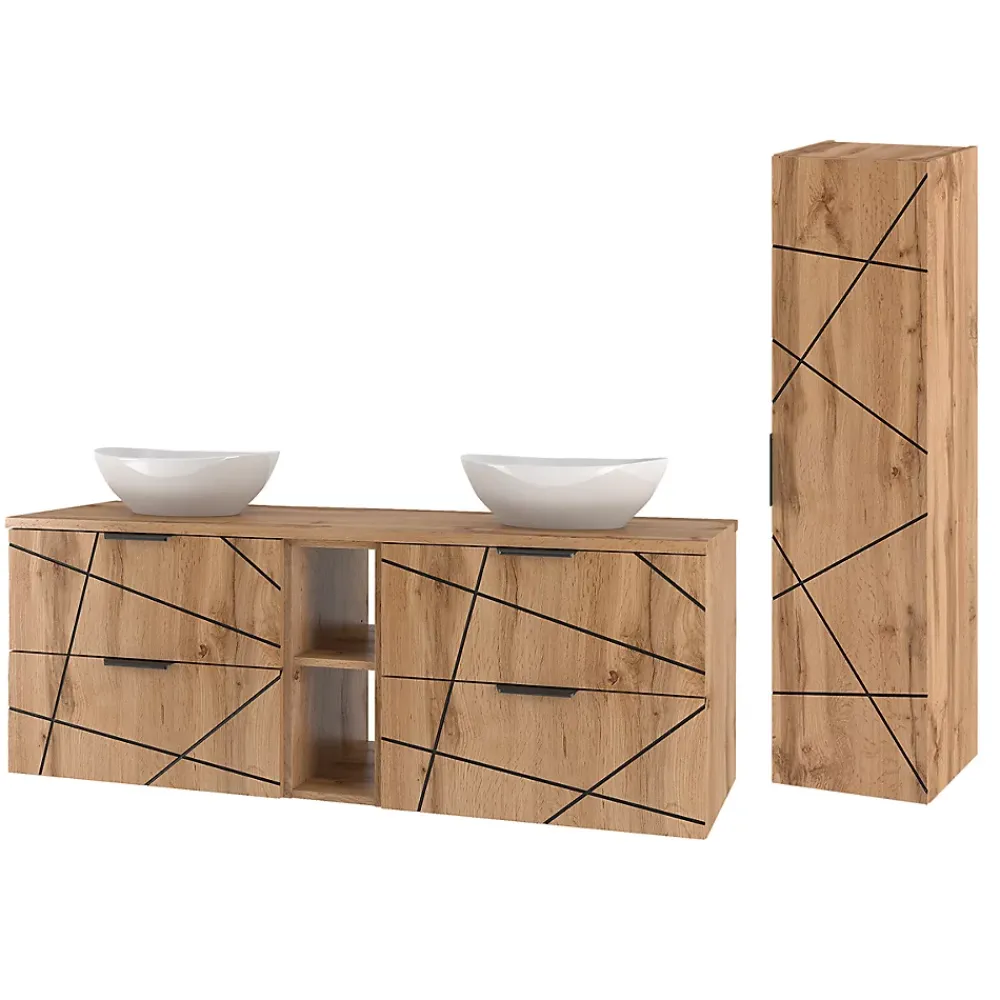 Petits-Meubles Ensemble meuble double vasque 140cm 2 niches et colonne Teren Bois
