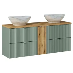 Petits-Meubles Ensemble meuble double vasque 140cm 4 tiroirs et colonne Jade Vert et Bois