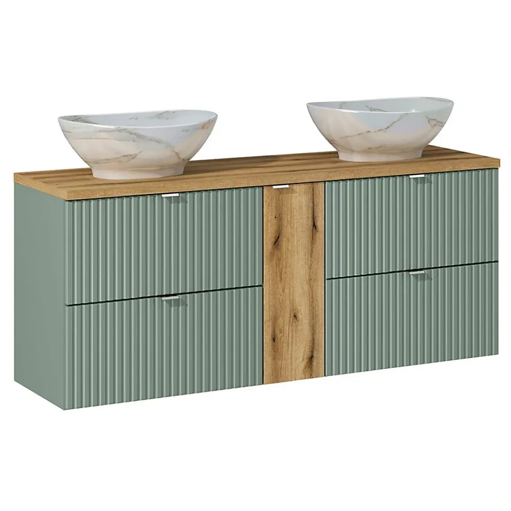 Petits-Meubles Ensemble meuble double vasque 140cm 4 tiroirs et colonne Jade Vert et Bois
