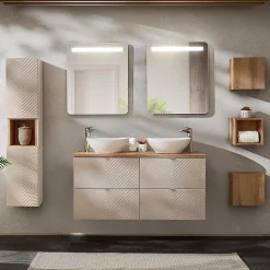 Ensemble Meuble De Salle De Bains|Petits-Meubles Ensemble meuble double vasque 120cm 4 tiroirs miroirs LED colonne et 3 armoires murales Manoa Cachemire et Bois