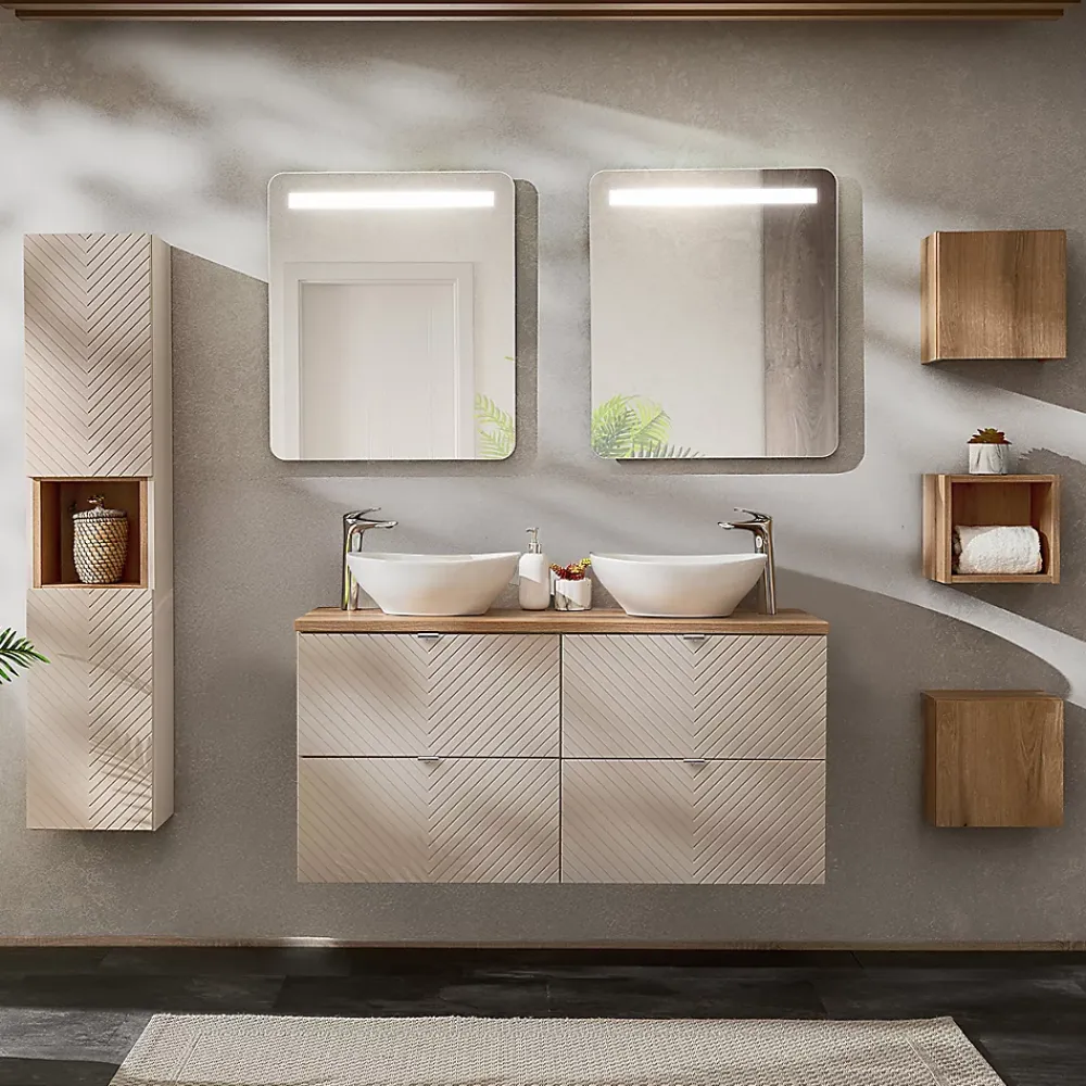 Ensemble Meuble De Salle De Bains|Petits-Meubles Ensemble meuble double vasque 120cm 4 tiroirs miroirs LED colonne et 3 armoires murales Manoa Cachemire et Bois