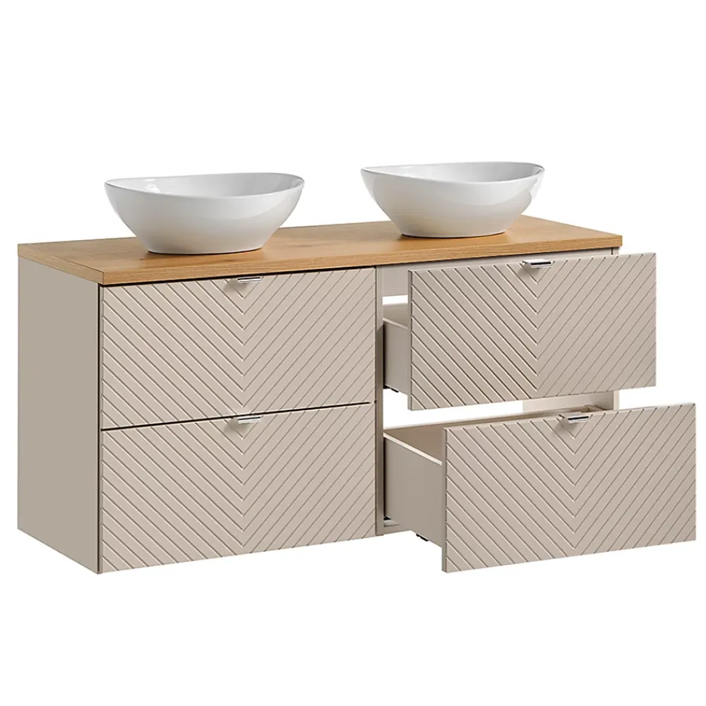 Ensemble Meuble De Salle De Bains|Petits-Meubles Ensemble meuble double vasque 120cm 4 tiroirs miroirs LED colonne et 3 armoires murales Manoa Cachemire et Bois
