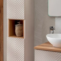 Ensemble Meuble De Salle De Bains|Petits-Meubles Ensemble meuble double vasque 120cm 4 tiroirs miroirs LED colonne et 3 armoires murales Manoa Cachemire et Bois