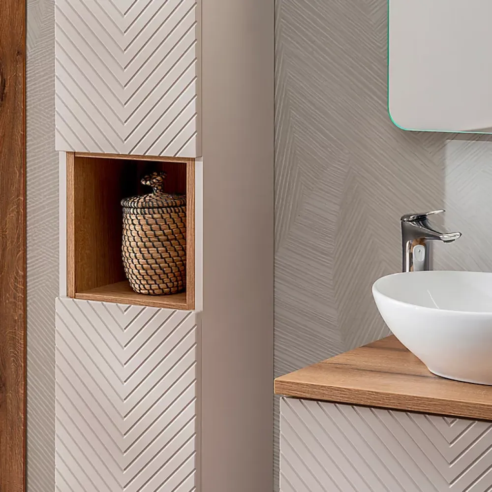 Ensemble Meuble De Salle De Bains|Petits-Meubles Ensemble meuble double vasque 120cm 4 tiroirs miroirs LED colonne et 3 armoires murales Manoa Cachemire et Bois