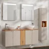 Petits-Meubles Ensemble meuble double vasque 140cm 5 portes miroirs LED et colonne Manoa Cachemire et Bois