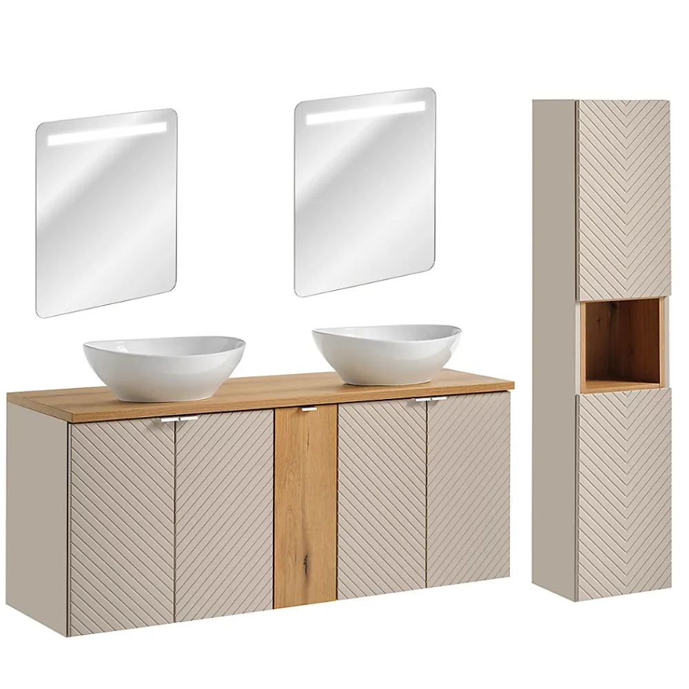 Petits-Meubles Ensemble meuble double vasque 140cm 5 portes miroirs LED et colonne Manoa Cachemire et Bois