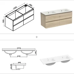 Ensemble Meuble De Salle De Bains|AICA Sanitaire Ensemble meuble double vasque L.120cm chêne 4 tiroirs + lavabo + colonne
