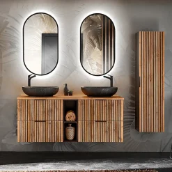 Petits-Meubles Ensemble meuble double vasque 140cm 2 niches et colonne Gaia Bois et Noir - Vasque Noir