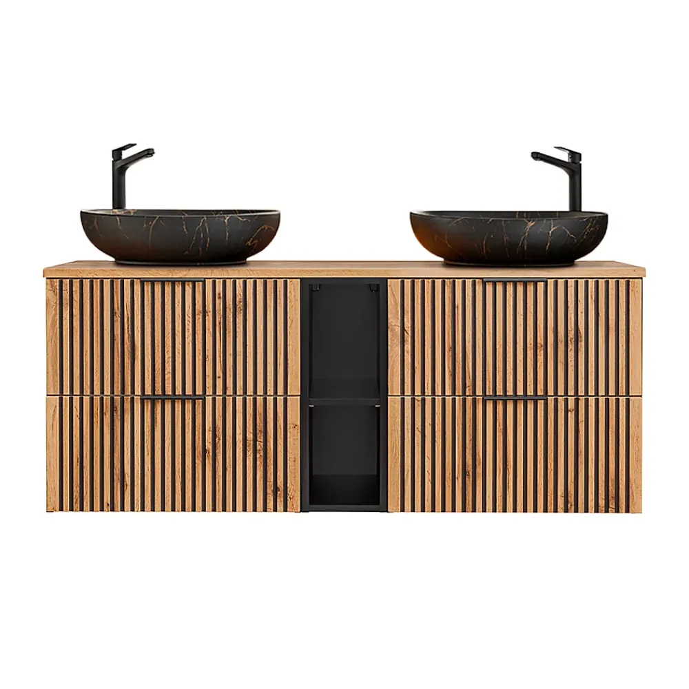 Petits-Meubles Ensemble meuble double vasque 140cm 2 niches et colonne Gaia Bois et Noir - Vasque Noir