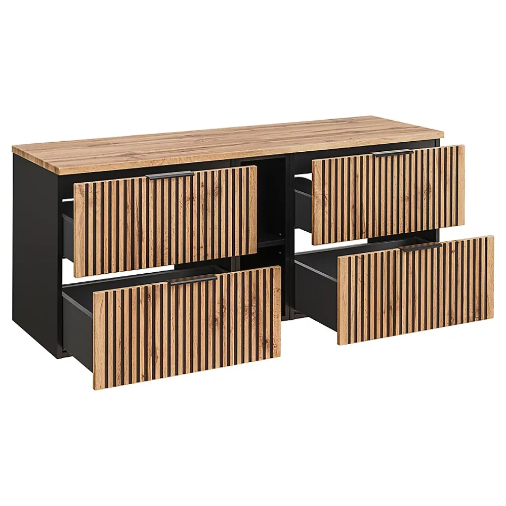 Petits-Meubles Ensemble meuble double vasque 140cm 2 niches et colonne Gaia Bois et Noir - Vasque Noir