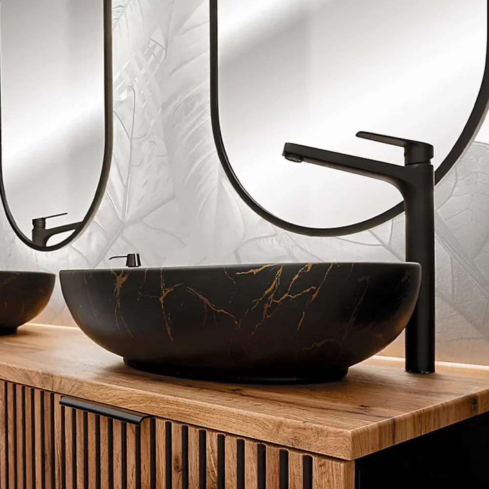Petits-Meubles Ensemble meuble double vasque 140cm 2 niches et colonne Gaia Bois et Noir - Vasque Noir