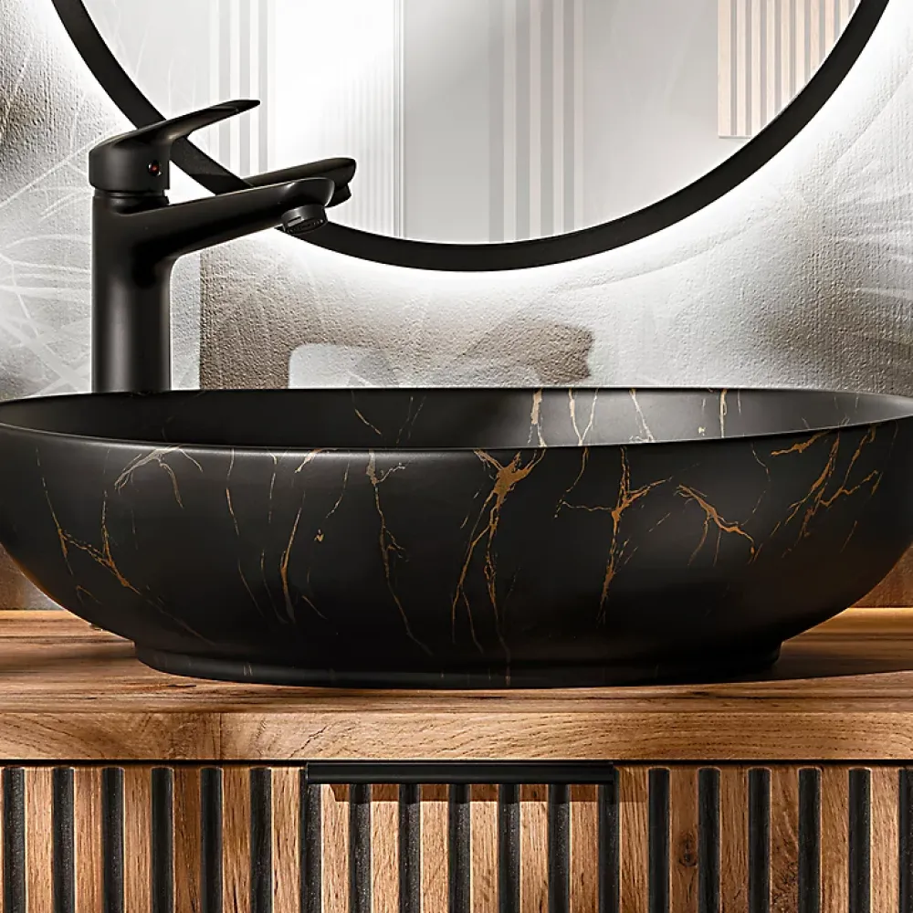 Petits-Meubles Ensemble meuble double vasque 140cm 2 niches et colonne Gaia Bois et Noir - Vasque Noir