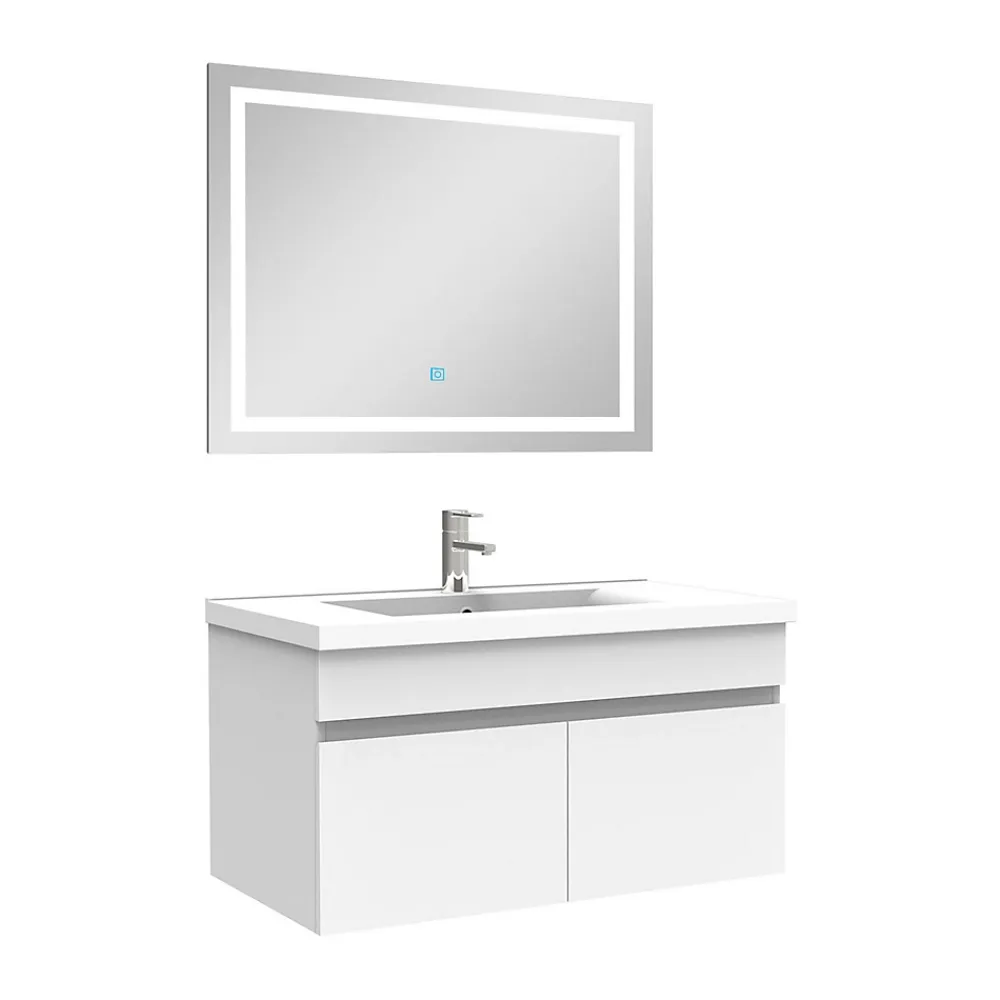 Ensemble Meuble De Salle De Bains|AICA Sanitaire Ensemble meuble et vasque et miroir lumineux 80cm meuble salle de bain Blanc