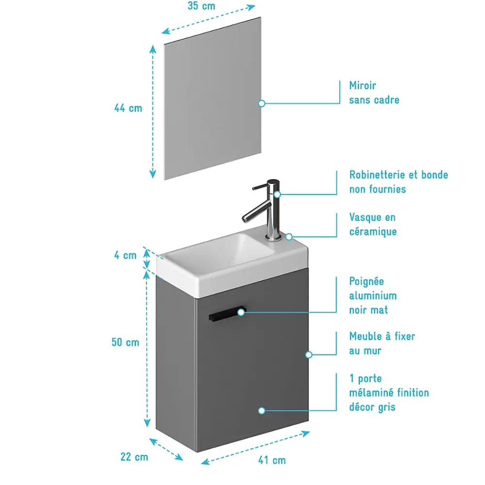 Lavabo|Aurlane Ensemble Meuble Lave Mains Gris 41x50x22cm + Miroir - SMALLY GREY