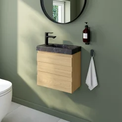 Lave-Mains|Homesight Ensemble meuble lave-mains Etty effet chêne l.44 cm + plan vasque lave-mains effet marbre noir