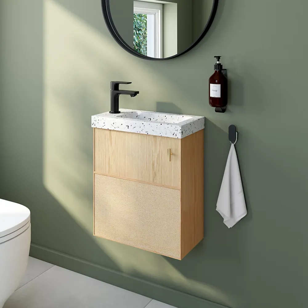 Homesight Ensemble meuble lave-mains Java effet chêne clair et jute l.44 cm + plan vasque lave-mains terrazzo