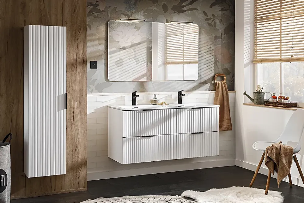 Furnidea Ensemble meuble lave-mains suspendu ADEL blanc avec le lavabo FIKA 40 cm