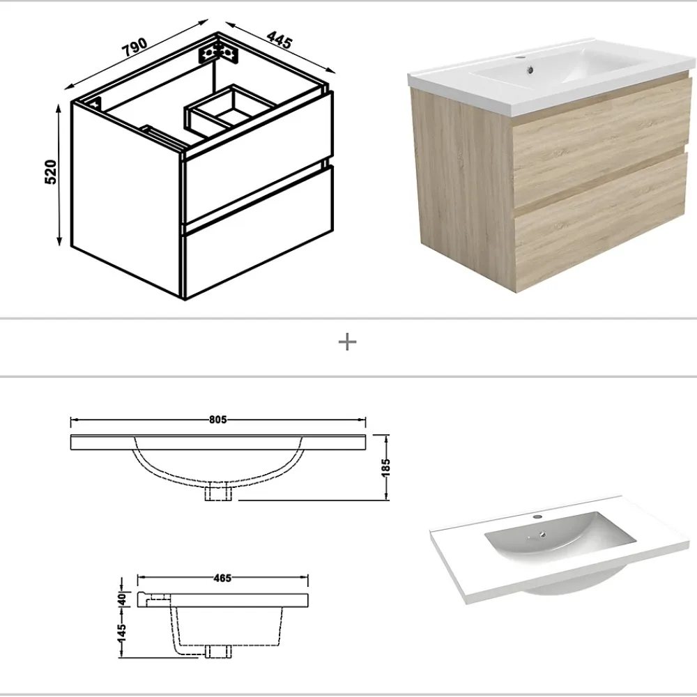AICA Sanitaire Ensemble meuble Salle de Bain 80cm avec vasque et colonne et miroir lumineux 3 couleurs chêne wotan