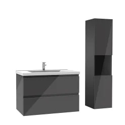 AICA Sanitaire Ensemble meuble salle de bain 80 cm anthracite brillant avec 2 tiroirs, lavabo céramique simple + colonne haute, suspendu