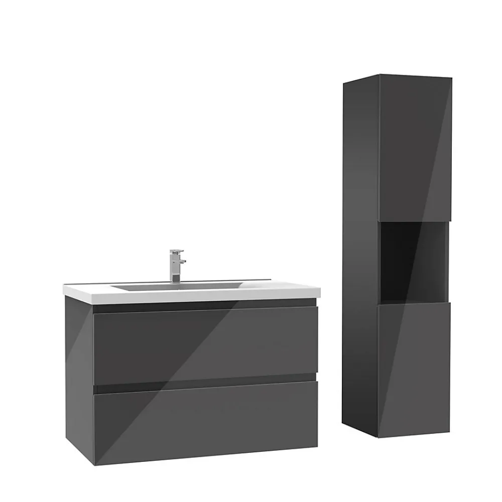AICA Sanitaire Ensemble meuble salle de bain 80 cm anthracite brillant avec 2 tiroirs, lavabo céramique simple + colonne haute, suspendu