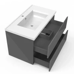AICA Sanitaire Ensemble meuble salle de bain 80 cm anthracite brillant avec 2 tiroirs, lavabo céramique simple + colonne haute, suspendu