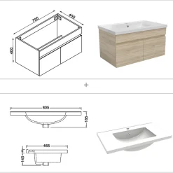 AICA Sanitaire Ensemble meuble salle de bain + vasque + miroir lumineux + colonne 80cm Chêne Wotan
