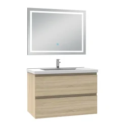 Ensemble Meuble De Salle De Bains|AICA Sanitaire Ensemble meuble Salle de Bain 80cm Chêne Wotan simple vasque et miroir lumineux 3 couleurs et dimmable
