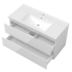 Ensemble Meuble De Salle De Bains|AICA Sanitaire Ensemble meuble salle de bain 100 cm blanc brillant avec 2 tiroirs, lavabo céramique simple + colonne, suspendu