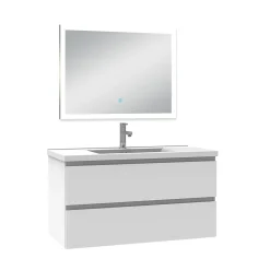AICA Sanitaire Ensemble meuble Salle de Bain 100cm simple vasque et miroir lumineux 3 couleurs et dimmable blanc