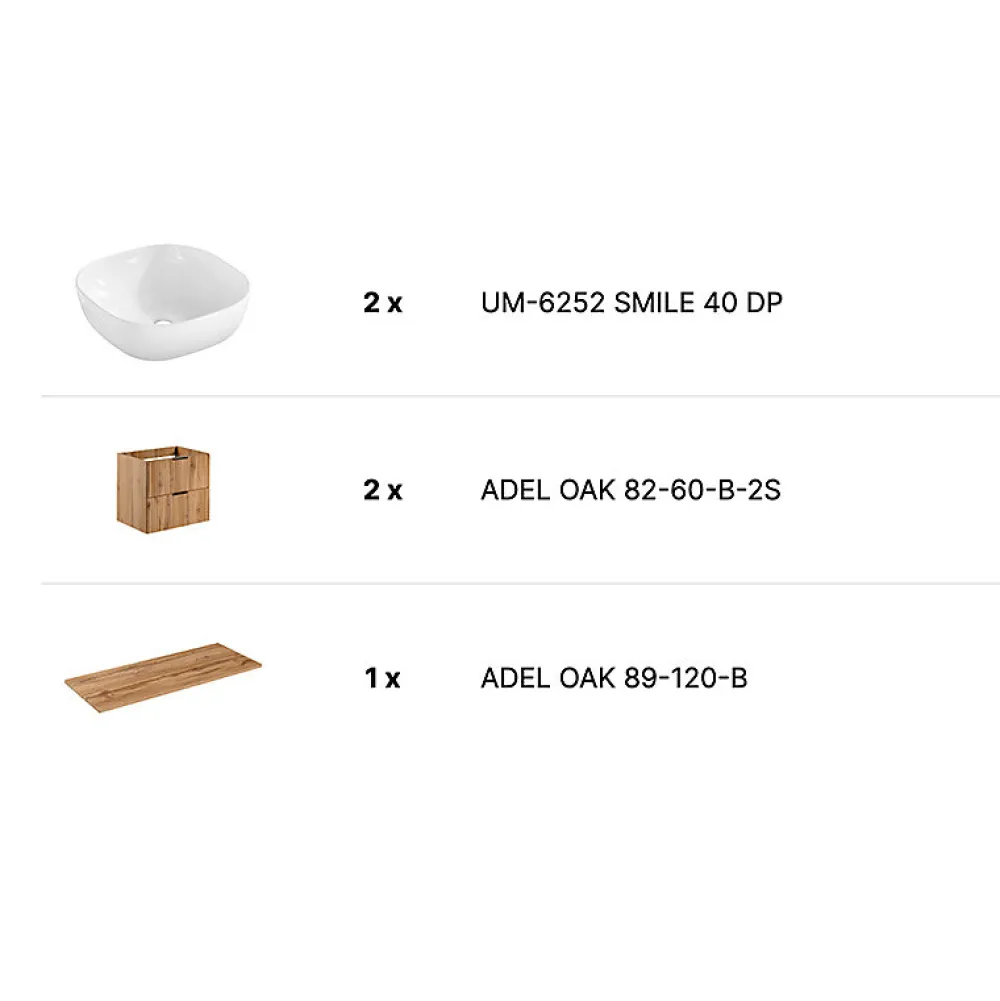 Stellameuble ENSEMBLE MEUBLE SALLE DE BAIN 120 CM AVEC PLAN - 2 VASQUES SMILE ET 2 MEUBLES ADEL OAK