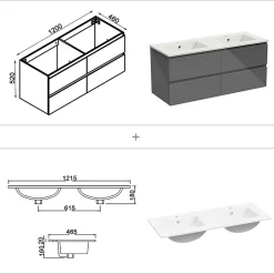 AICA Sanitaire Ensemble meuble salle de bain 120 cm anthracite brillant avec 4 tiroirs, double lavabo céramique + colonne haute x2, suspendu