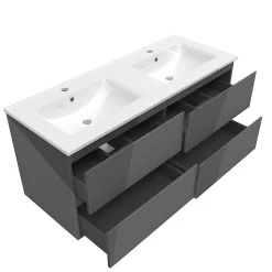 AICA Sanitaire Ensemble meuble salle de bain 120 cm anthracite brillant avec 4 tiroirs, double lavabo céramique + colonne haute x2, suspendu